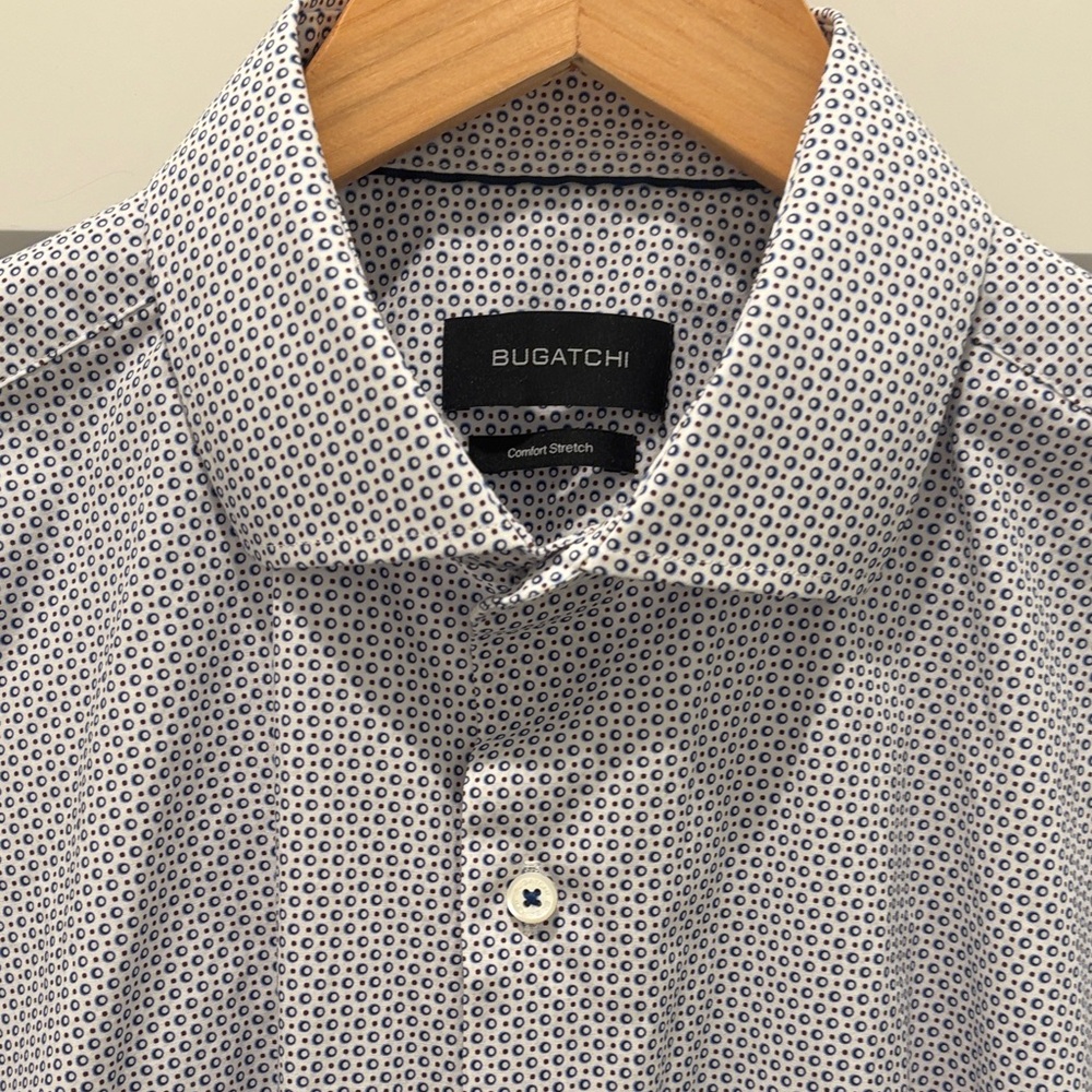 New! Bugatchi White and Blue Geometric Dress Shirt